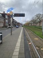 Een doorsnede van de straat. Met links de weg en huizen, in het midden het groen en de trambaan, en rechts het water dat door de straat stroomt.