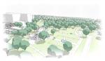Schets van het park met daarbij de vernieuwde aanrijroute, inclusief rotonde. Illustratie credit : Copijn Tuin- en Landschapsarchitecten